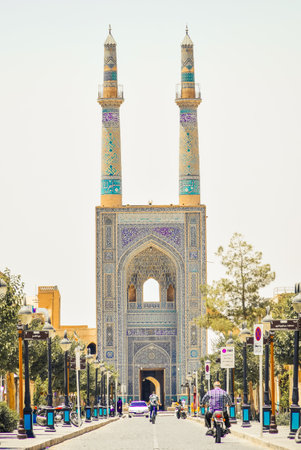 Yazd, Iran - 10th june, 2022: Blue Hazireh Mosque during day in Yazd, Iran. Street scene in hot day...