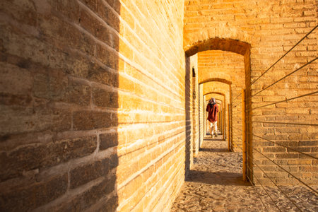 Isfahan, Iran - May 2022: back view woman walk on Sio Se Pol or Bridge of 33 arches, one of the oldest bridges of Esfahan and longest bridge on Zayandeh Riverの写真素材