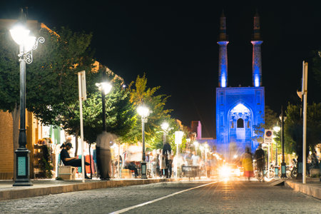 Yazd, Iran - 10th june, 2022: Blue Hazireh Mosque during night in Yazd, Iran. Blue hour street scene...