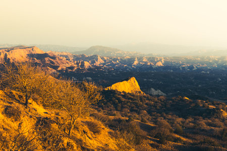 Sunset in badlands Vashlovani. Panorama from rangers camping famous site area in Vashlovani national park. Georgia caucasus natural beauty landscapesの写真素材