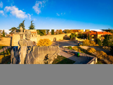 Telavi, Georgia - 6th novermber, 2022: Aerial close up Monument of king Erekle II . Beautiful view...