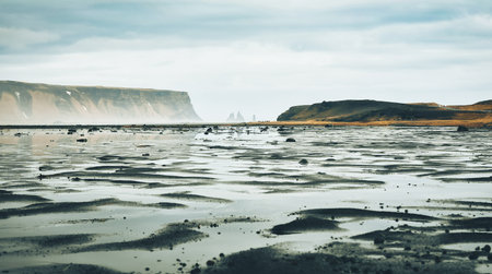 Reynisfjara Beach coast, majestic big rock formations cliff. Black volcanic sand beach in Iceland....