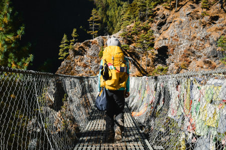 Sagarmatha national park, Nepal - 22nd november, 2023: caucasian woman trekker hold garbage bag...
