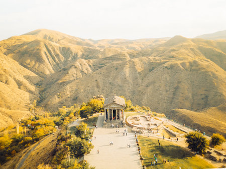 Aerial top front view scenic Garni Temple - classical colonnaded structure in village of Garni, central Armenia. Popular sightseeing attraction in autumn. Unesco world heritage siteの写真素材