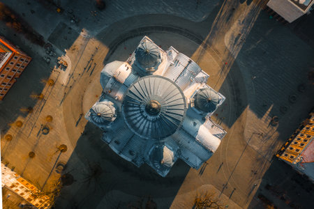Aerial top down view of St. Michael the Archangel's Church or the Garrison Church. Roman Catholic church in liberty boulevard, Kaunas historical capital. Neo-Byzantine architecture.の写真素材