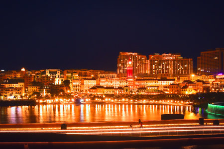 Phu Quoc, Vietnam - February 15th, 2024: Illuminated sunset town beach, top destination on the pearl...