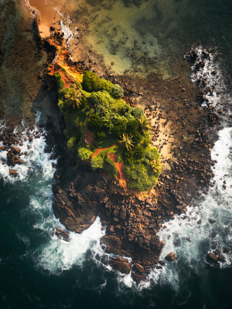 Aerial top down view Tourists Sightseeing Parrot rock Island surrounded by turquoise waters and lush mangroves, this small tropical island in Sri Lanka coastlineの写真素材