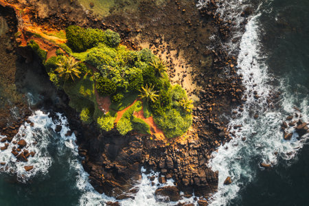 Aerial view lush Sri Lanka Parrot rock island with palm trees red soil rocky coastline surrounded by ocean waves .Popular attraction in southern peninsula Sri lankaの写真素材