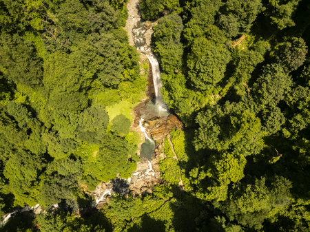 Aerial view of Ninoskhevi Waterfall cascading through lush green forest into a rocky pool, located in Lagodekhi Protected Areas, Georgiaの写真素材