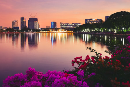 Evening view of Bangkok modern skyline reflected in the lake of Benjakitti Park, with vibrant bougainvillea flowers in the foreground and colorful sunset skyの写真素材