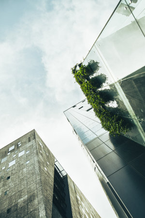 Tbilisi, Georgia - 27th may, 2025: Upward view financial business hub buildings exterior in Tbilisi...