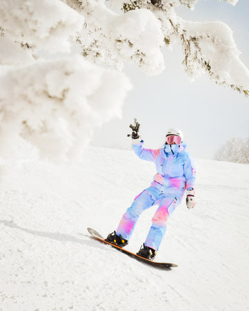 Alpine snowboarding. Skiing woman snowboarder going downhill on snow covered isolated white ski trail slope piste in winter. Good recreational female snowboarder in colorful jacket outfitの写真素材