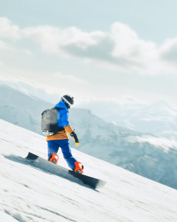 Male Snowboarder wear colorful jacket carving downhill freeriding off piste turn carve full speed freeze motion with swirls of pray in powder day with clear blue sky extreme winter sports action
