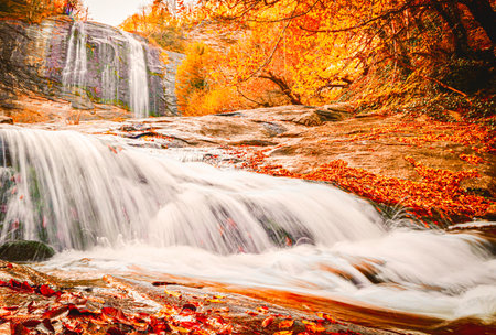 Dramatic view of waterfall with golden autumn foliage and flowing water captured in long exposure,...