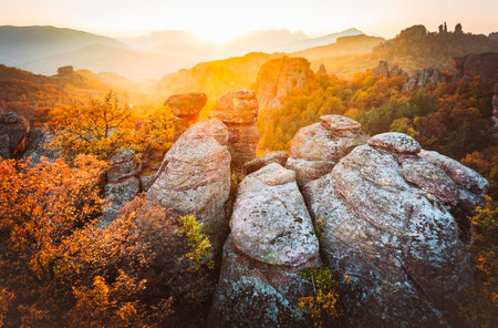 Dramatic sandstone rock formations of Belogradchik in Bulgaria surrounded by autumn forest with vibrant foliage at golden sunsetの写真素材