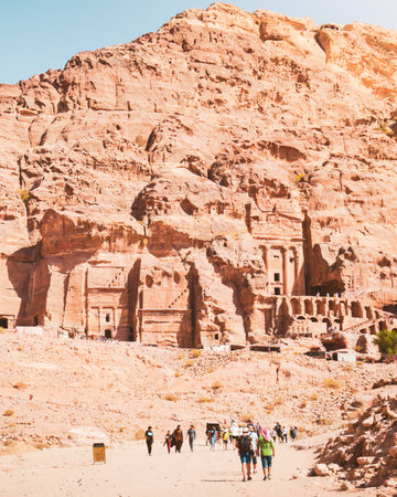 Panoramic view of Petra Royal Tombs including Urn Tomb, Silk Tomb, Corinthian Tomb and Palace Tomb carved into sandstone cliffs. Famous Nabataean burial monuments, UNESCO World Heritage siteの写真素材
