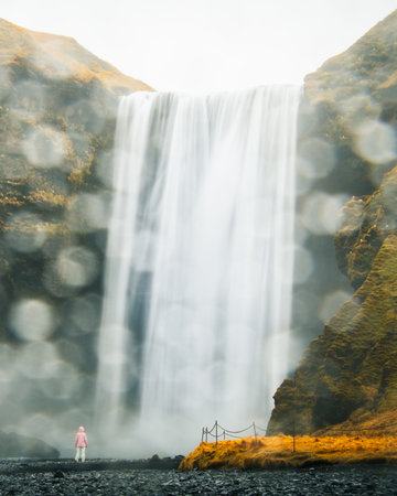 Tourist in pink jacket standing near Skogafoss waterfall in Iceland with mist and water spray atmosphereの写真素材