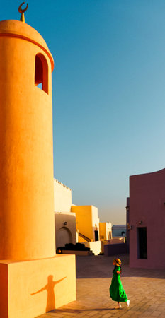 Woman tourist walking stand near traditional tower in Mina District Doha with pastel buildings and long shadows showcasing modern Middle East urban design cultural travel conceptの写真素材