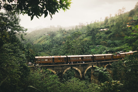 Aerial view passenger train crosses the iconic Nine Arch Bridge near Ella, Sri Lanka, surrounded by lush greenery in misty early morningの写真素材