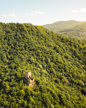 Aerial view Chekili Tower. Hidden Medieval Outpost in Kakheti, Georgia.Solitary tower once served as a strategic lookout, guarding key routes through the regionの写真素材