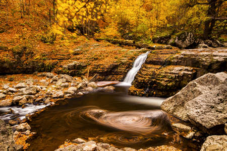 Beautiful autumn foliage and waterfall in the colorful forestの写真素材