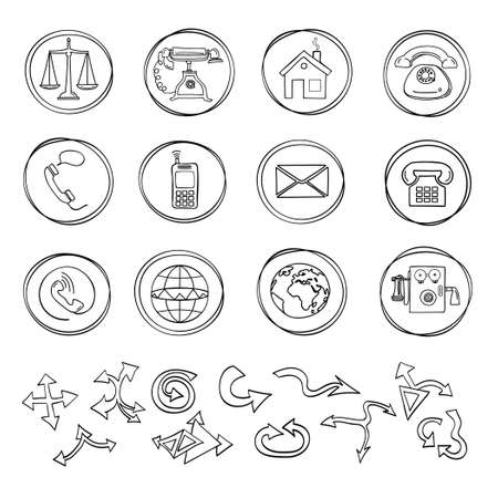Icon set of old and new phones. Scales, writing, globe. Hand-drawn. Vector illustration.のイラスト素材
