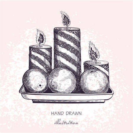 Festive decorative candles and oranges on a plate. Hand drawn vector illustration.のイラスト素材