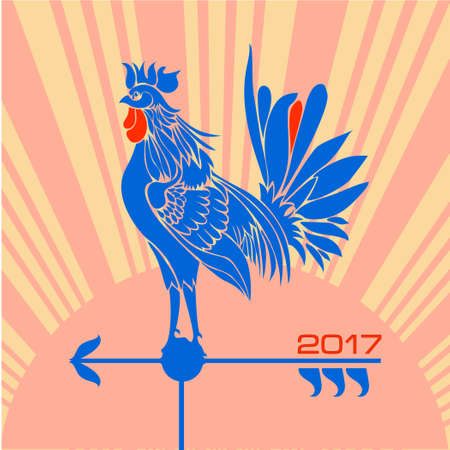 Stylized rooster symbol of 2017 as a weather vane on a sunrise background. Vector illustrationのイラスト素材