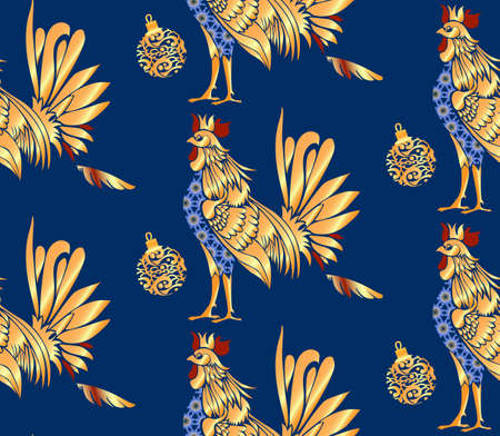 Golden Rooster symbol of 2017 on a blue background. Holiday vector seamless pattern.のイラスト素材