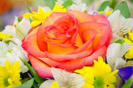 Bouquet with yellow-red rose in the center.の写真素材