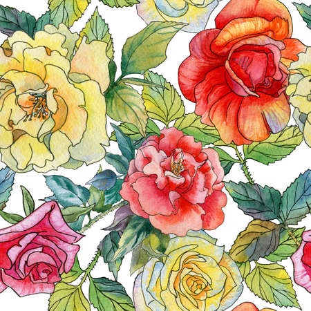 Seamless pattern of yellow and red roses. Watercolor painting. Drawing by the liner.の写真素材