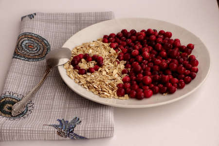 A plate with oatmeal and cranberries, a spoon and a napkinの写真素材