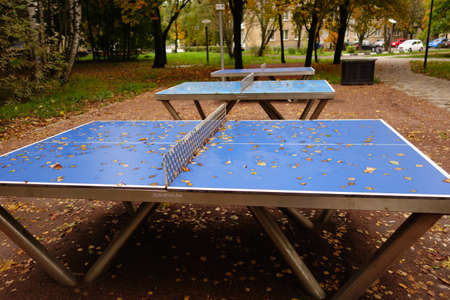 Three blue tables on the background of the autumn cityscapeの写真素材