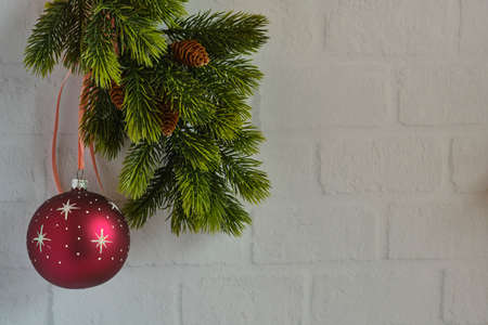 A red ball with silver stars on a pink ribbon and a branch of a Christmas tree with cones on a light wall background