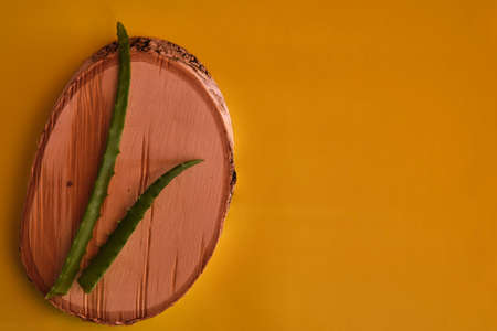 two leaves of aloe, located on a plank of birch on a light background with space for text or logo.の写真素材