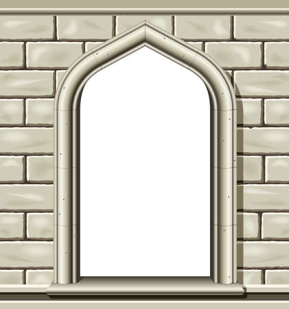 Illustration of an ancient arched window in a cut stone wall, suitable as a frame or border.のイラスト素材