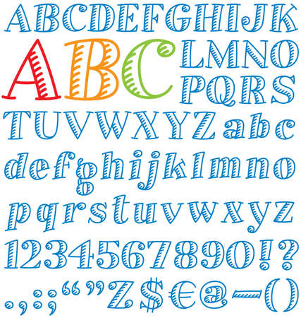 Vector illustration of a cartoon font. Includes upper and lower case, numerals, punctuation, and symbols.のイラスト素材
