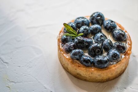 Delicious blueberry tartlet with vanilla custard cream on white background. Top view. Copy-space. Selective focusの写真素材