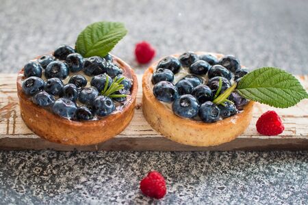 Delicious blueberry tartlets with vanilla custard and fresh cream with raspberry on gray background. Front view. Copy-space. Selective focusの写真素材