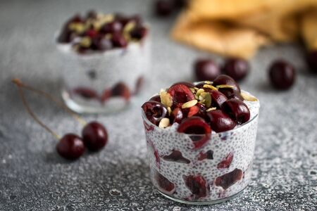 Chia pudding with cherry berries, natural yogurt, chia, pumpkin seeds in a glass on a grey surface. Selective focus. Healthy dessert, proper nutrition, super food. Front viewの写真素材