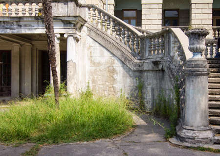 Ancient staircase with stone balusters on a background of green vegetationの写真素材