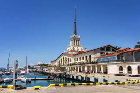 RUSSIA, SOCHI - JULY 15, 2020: The building of the sea port of Sochi and yachts moored closeのeditorial素材