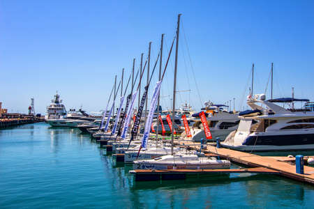 RUSSIA, SOCHI - JULY 15, 2020: yachts and boats anchored in the port of Sochiのeditorial素材