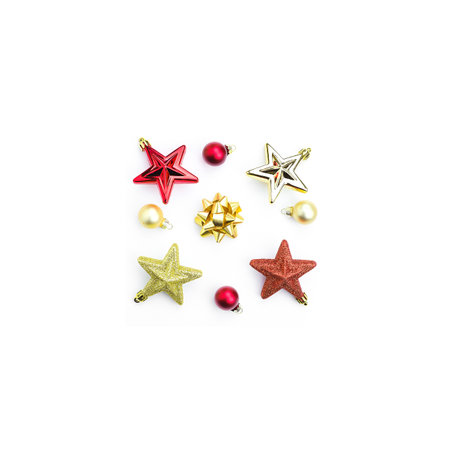 Christmas tree toys, red and gold stars, balls on a white background.の写真素材