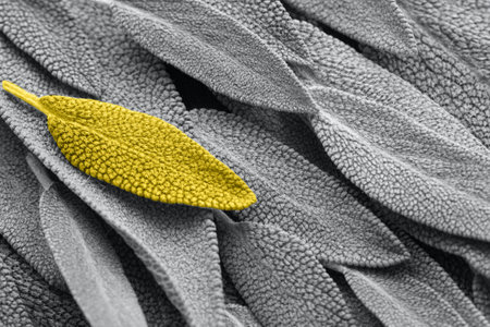 Sage, sage leaves abstract background, Ultimate Grey and Illuminating color leaves. Selective focus. Macro. Top view, flat lay.の写真素材