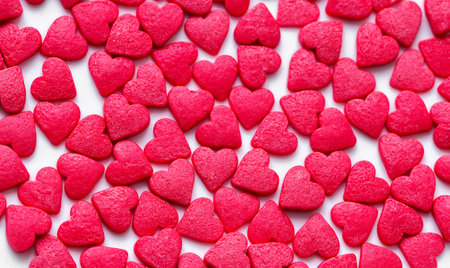 Red Hearts Candy on white surface close up. Valentines day concept. Macro. Sweet red candy textureの写真素材