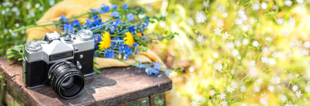 Bouquet of wild flowers and the retro film photo camera on a wooden chair in the summer garden.