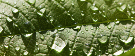 Drops of transparent rain water on a green leaf macro.の写真素材