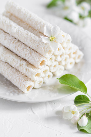 Delicate sweet cookies in the form of tubes in coconut flakes filled with vanilla cream on a white plate.の写真素材