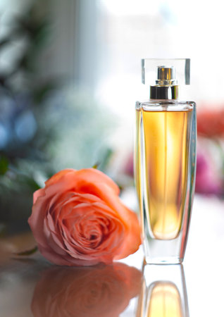 A bottle of perfume on the table with a pink rose. Perfumes, cosmetics, a collection of fragrances.の写真素材